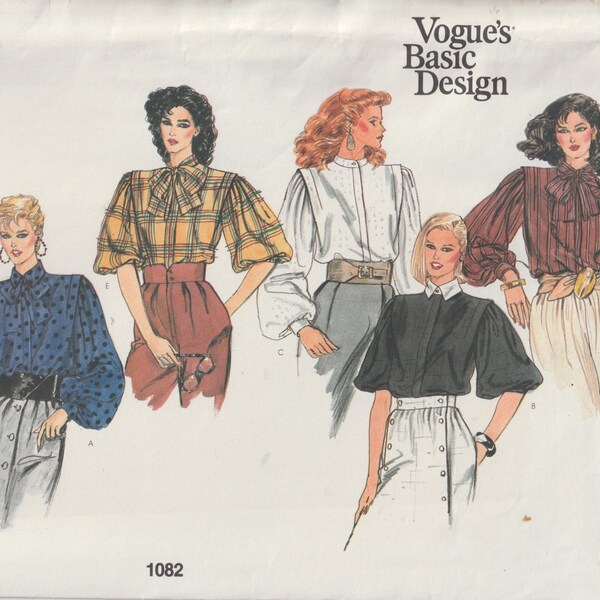Vogue 1082 Loose Fitting Blouse With Concealed Button Closing Shoulder flange and Sleeve Variations 1980's Sewing Pattern Size 14 UNCUT