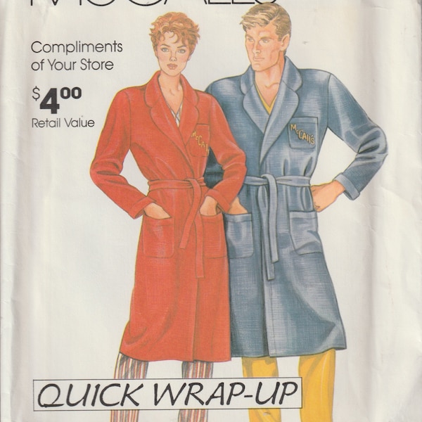 Vintage 80's McCall's 0011 Misses' & Men's Quick Wrap Robe Sewing Pattern,  Tie Belt, Belt Carriers, Patch Pockets Size S, M, L, XL UNCUT