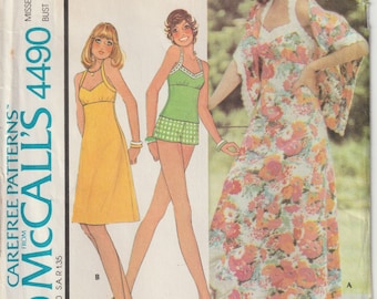 McCall's 4490 Vintage 70's Misses Dress, Top, Shawl, Empire Waist, Halter Neckline, Sewing Pattern Cottagecore Size 8 UNCUT