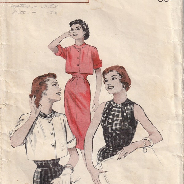 Vintage 50's Sleeveless Sheath Dress And Collarless Boxy Bolero Jacket Butterick 6909 Sewing Pattern Size 14 B32