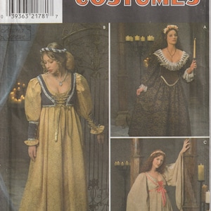 May include: Simplicity Costumes sewing pattern number 8192 for sizes 10, 12, and 14. The pattern includes three different Renaissance-style gowns with long sleeves and a low neckline. The gowns are shown on models in a variety of poses.