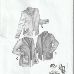 May include: A black and white illustration of a sewing pattern for a Bristol Jacket. The pattern shows three jacket variations, labeled A, B, and C. The text "Great Copy Patterns" and "Bristol Jacket #2420" are also visible.
