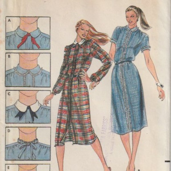 UNCUT Misses Loose Fitting Slight A-Line Dress Front Button Close Shaped Collar Or Band Collar With Tie Vintage 80s Butterick 3185 Size 8