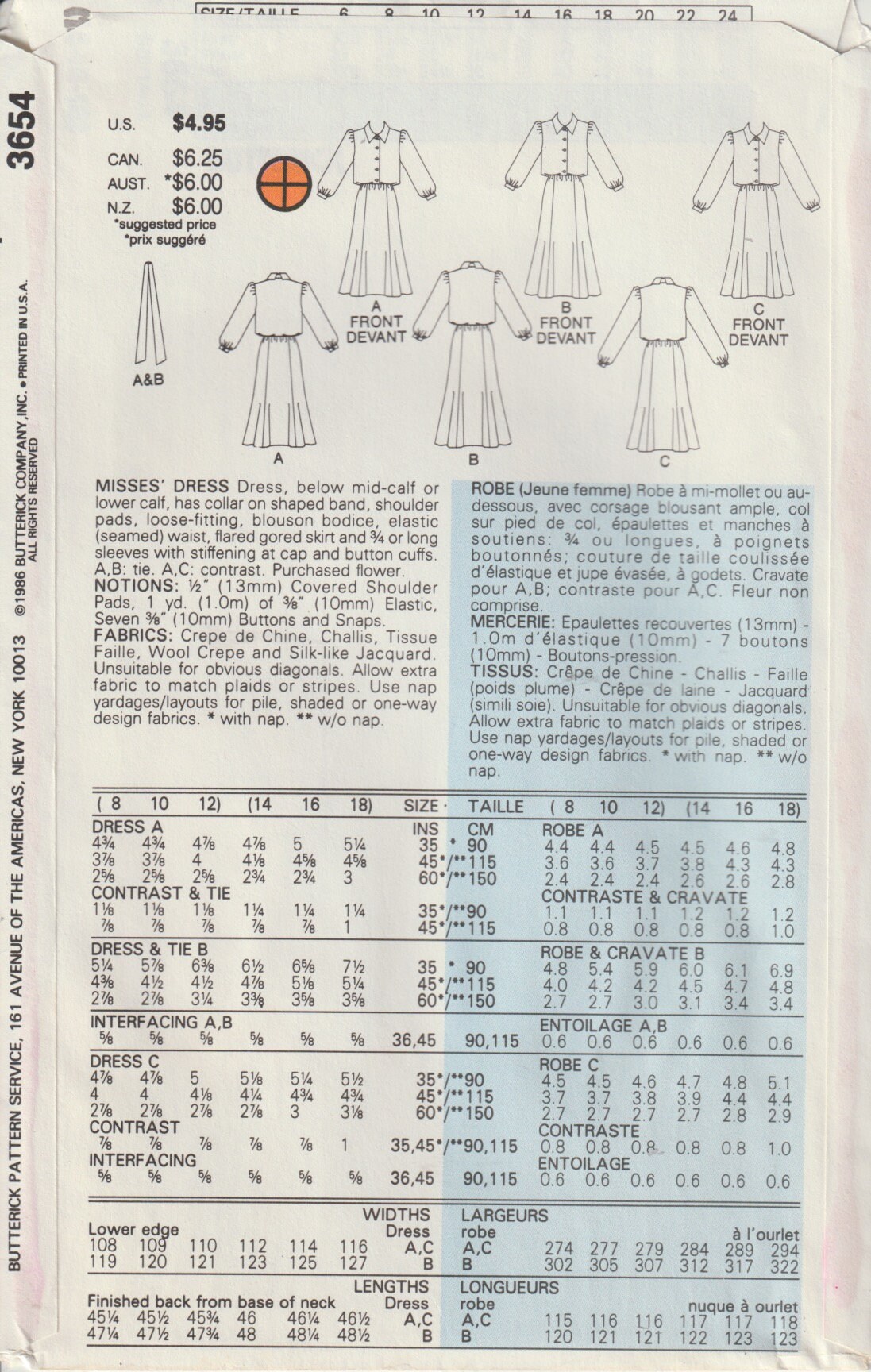 Vintage 80's Butterick 3654 Misses Midi Dress Blouson Bodice Flared ...