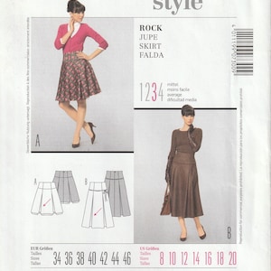 Puede incluir: Patrón de costura Burda Style para una falda, con instrucciones en inglés, francés, alemán, español y polaco. El patrón incluye las tallas 34-46 y 8-20. El patrón es para una falda con un frente fruncido y un lazo en la parte posterior.