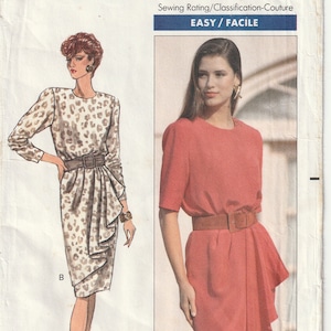 VTG années 90 Butterick 4776 Misses robe de cocktail corsage blouson, jupe fuselée superposition plissée sur le devant, manches courtes ou longues taille 12 14 16 non coupé