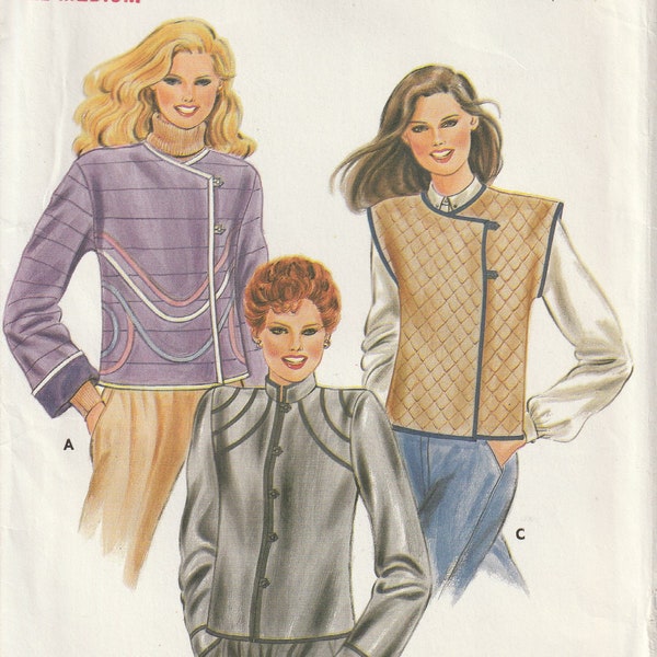 veste et gilet non coupés pour femmes décolleté asymétrique ou col debout manches longues fausse manchette 80s Butterick motif de couture Taille Medium 12 14