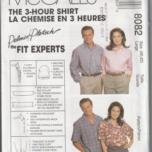 Può includere: Cartamodello McCall's per una camicia, con il testo "The 3-Hour Shirt" in inglese e francese. La copertina mostra immagini di un uomo e una donna con camicie. Include diagrammi e dettagli sulla costruzione.
