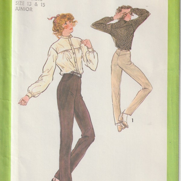 Vintage 70's Simplicity 8801 Girls' Juniors' Pants And Blouse Fly Front Yoke Pockets Straight Leg Sewing Pattern Size 13 15 UNCUT