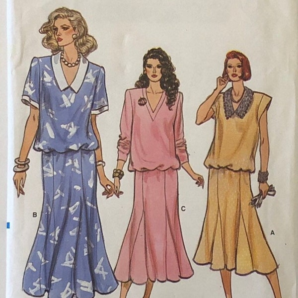 Vogue 9907 Misses Pullover Dropped Waist Dress Mid To Lower Calf Length 80's Sewing Pattern Size 8-10-12 UNCUT FF