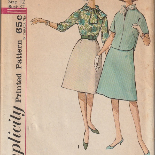 Easy Fit Blouse and A-Line Skirt Kimono Sleeves Shaped Hemline Scarf Retro 1960's Simplicity 4900 Sewing Pattern Size 12 Bust 32