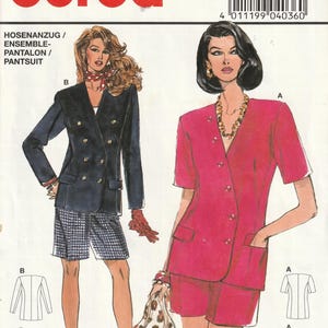 May include: A sewing pattern for a pantsuit with a double-breasted blazer and shorts. The pattern is for sizes 10-20 and 36-46. The pattern is from Burda style magazine and the pattern number is 4036.