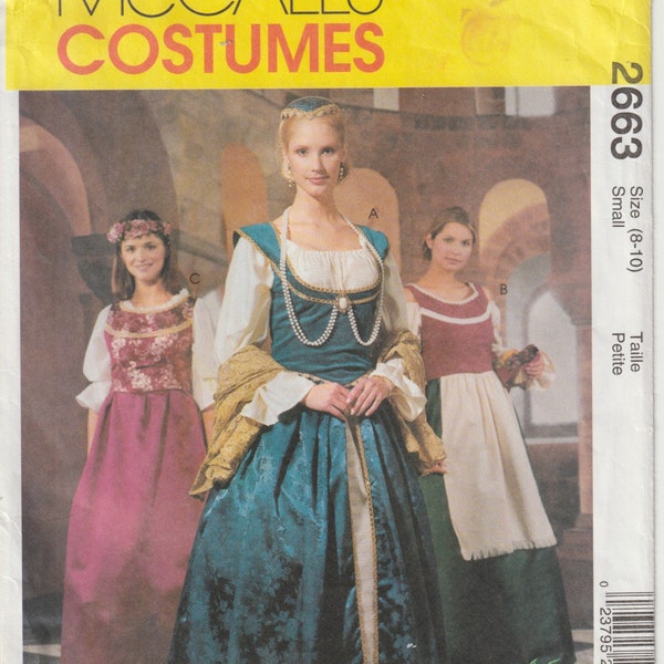 McCall's C2663 Misses' Historical Medieval Costume, Long Gown, Overdress, Overbodice, Snood And Shawl, Renfair, Theatre, Size 8, 10, UNCUT