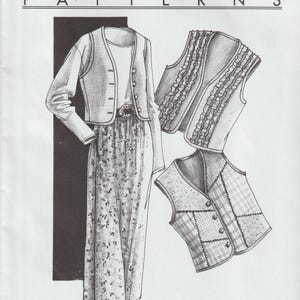 May include: A sewing pattern for a vest and wrap skirt. The pattern includes three different vest designs: a plain vest, a ruffled vest, and a plaid vest. The pattern is called "Great Copy Patterns" and is numbered #105. The text "The Best Vest and Formula Wrap Skirt" is also included.