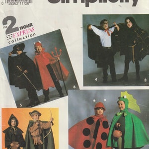 May include: Simplicity sewing pattern featuring children's costumes. The image shows various costume designs, including a devil, ladybug, and medieval characters. The pattern includes sizes SM-LG and is part of the 2-Hour Express Collection.