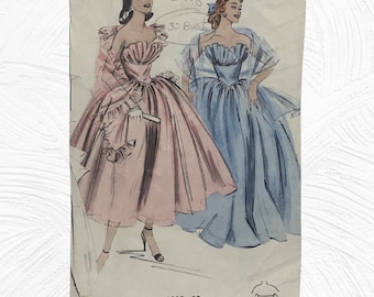 1950's Butterick 6809 Crumb Catcher Fan Bust Bouffant Strapless Ballerina Wedding Dress With Stole Sewing Pattern  Size 14 Bust 32 UNCUT