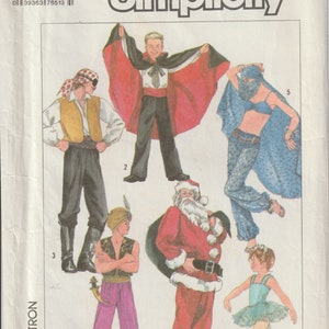 May include: Simplicity sewing pattern number 7651, size LG. The pattern includes six different costumes: a pirate, a vampire, a belly dancer, a genie, Santa Claus, and a ballerina. The pattern is printed on a white background with black text.