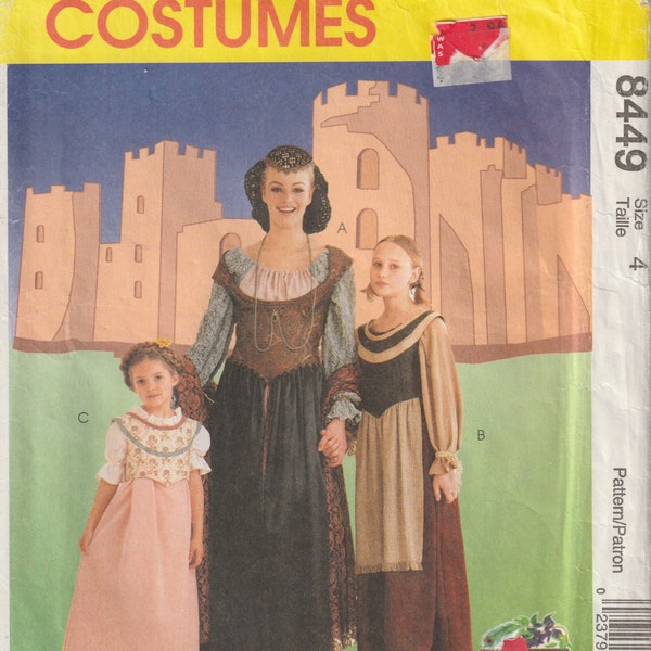 McCall's 8449 Child Girls' Zooterz Medieval Gown Overdress Snood Shawl Costume Sewing Pattern Size 4 UNCUT FF