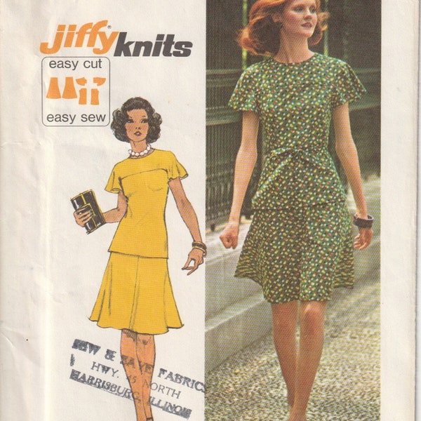 Misses Two Piece Short Dress Yoked Top With Flared Skirt Stretch Knits Only Jiffy 1970s Simplicity 6081 Sewing Pattern Size 14 B36 UNCUT