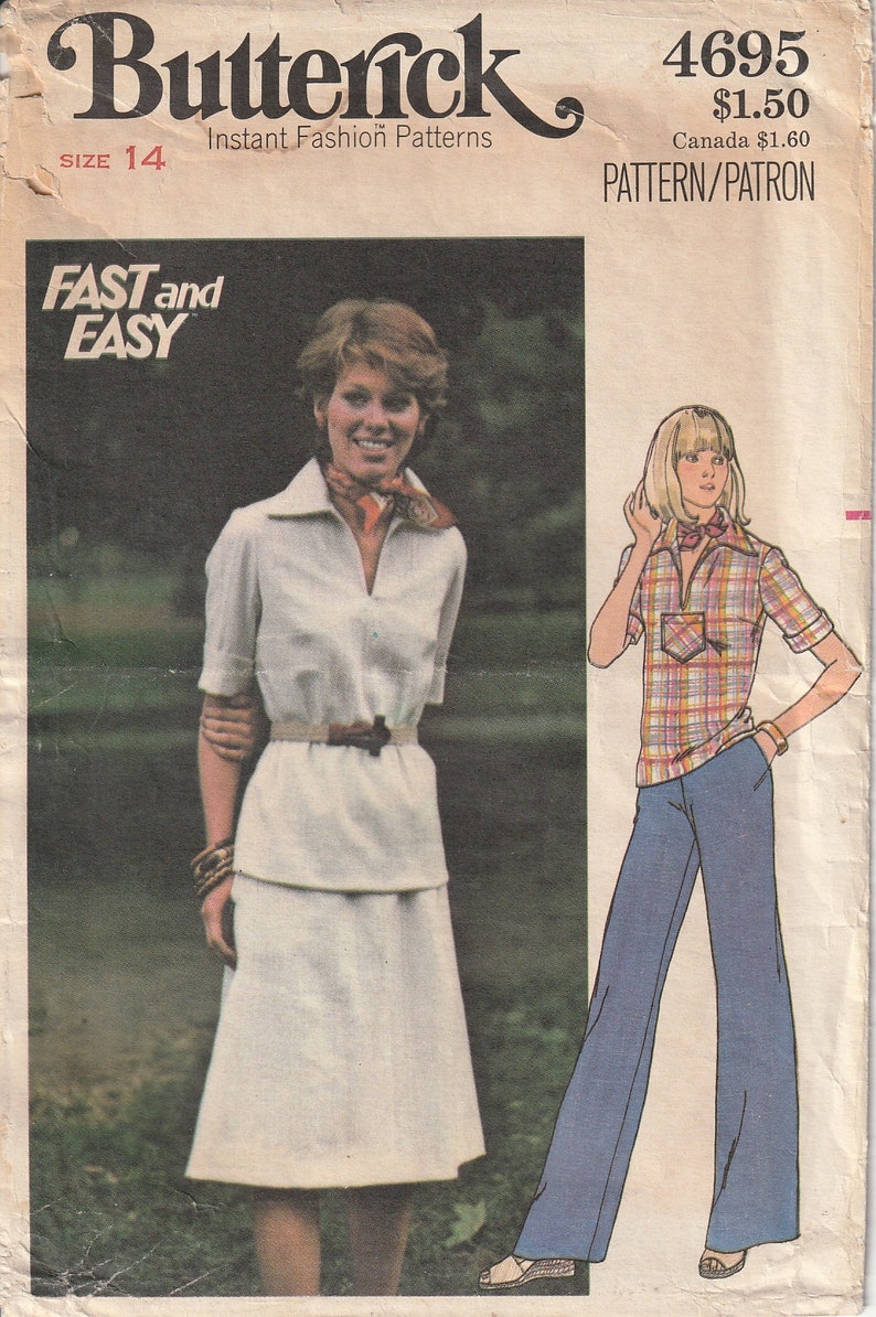 Vtg 70's Butterick 4695 Fast & Easy Misses Top, Skirt, Pants Semi-Fitted A Line Skirt Straight Leg Pants Size 14 Partial Cut image 1