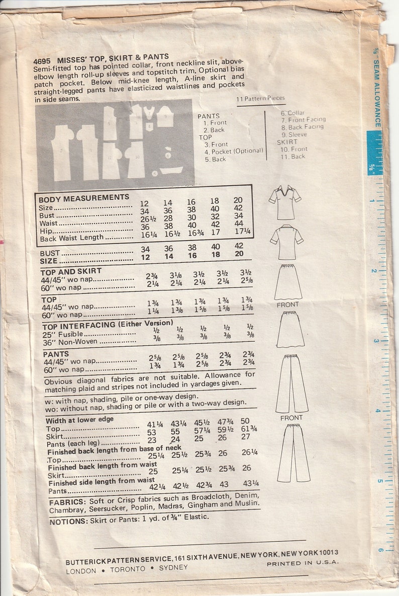 Vtg 70's Butterick 4695 Fast & Easy Misses Top, Skirt, Pants Semi-Fitted A Line Skirt Straight Leg Pants Size 14 Partial Cut image 2