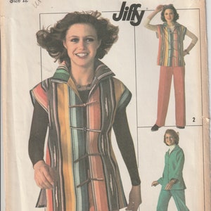 May include: A sewing pattern for a vest with a striped design. The pattern is from Simplicity and is size 12. The pattern includes instructions for making a vest with a collar and a front closure.
