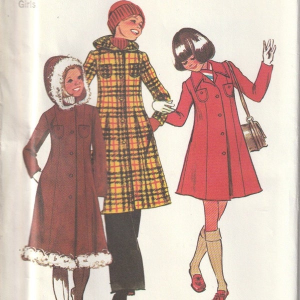 Vintage 70s Girls Princess Seamed Coat Front Button Close Patch Pockets Length Variation Simplicity 5941 Sewing Pattern Size 12 UNCUT