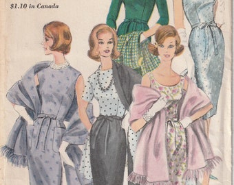 Vintage 1960's Vogue 5236 Mod Dress And Stole Sheath Slim Skirt Sleeveless Scoop Neck Cocktail Evening Size 14 Bust 34