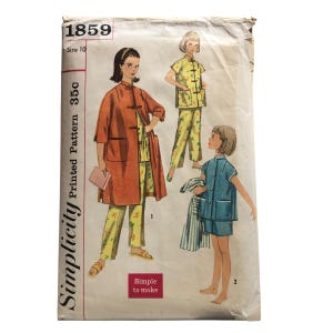 May include: Vintage Simplicity sewing pattern 1859. The pattern features illustrations of women's and children's pajamas and a long coat. The pattern is printed on paper and includes the text "Simple to make".