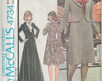 McCall's 4734 Vintage 70's Misses High Waisted Dress Knee Length Or Floor Length Maxi With Unlined Jacket Sewing Pattern Size 14 UNCUT FF