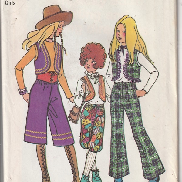 Vintage 1970's Simplicity 9538 Girls Bolero Vest, Gaucho Pants, Knickers And Bell Bottom Pants Size 10 UNCUT