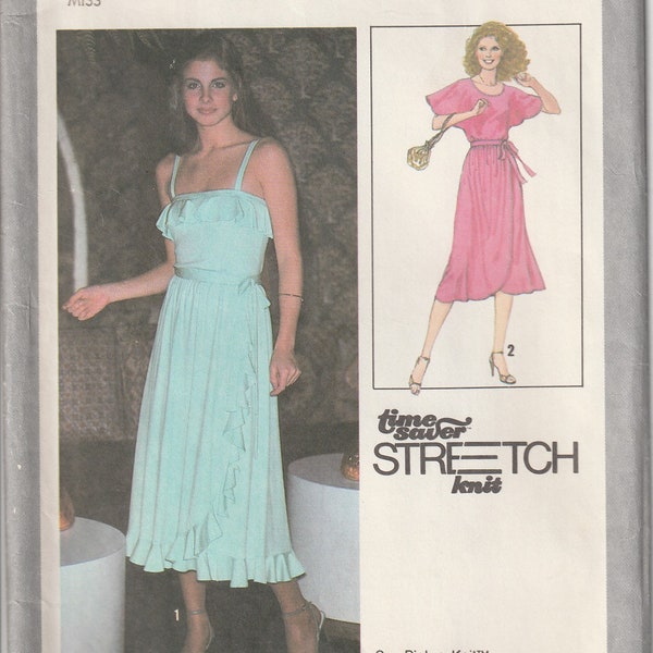 Disco 70's Simplicity 8733 UNCUT Two Piece Dress Wrap Skirt Self Ruffles Top Shoulder Straps Batwing Sleeves Time Saver Stretch  8, 10, 12