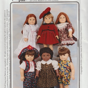 May include: A pattern cover featuring six 18-inch girl dolls dressed in various outfits. The dolls wear dresses, overalls, and a red coat. The text reads "Doll Emporium Pattern Co." and "Wardrobe for 18" Girl Dolls."