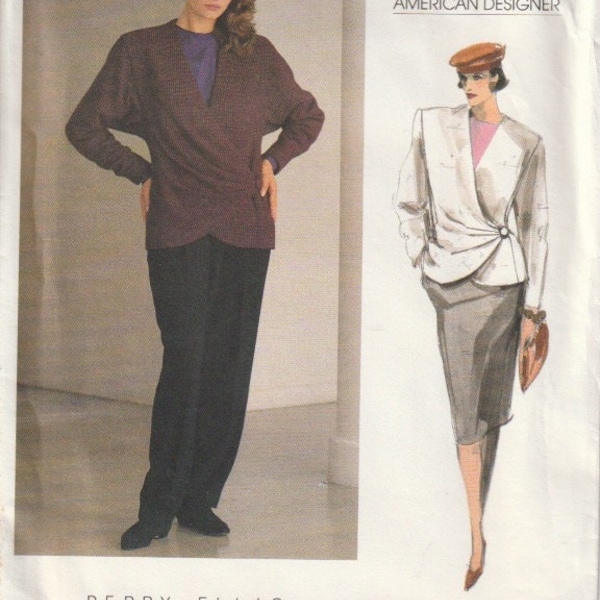 Vogue 1640 Perry Ellis American Designer Misses Lined Below Hip Wrap Jacket Straight Skirt Tapered Leg Pants Sewing Pattern Size 14 UNCUT