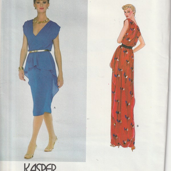 Vintage 80's Vogue 2331 Kasper American Designer Dress Loose fitting, Blouson, Slim Straight Skirt, Cascading Overskirt,  Size 14 UNCUT