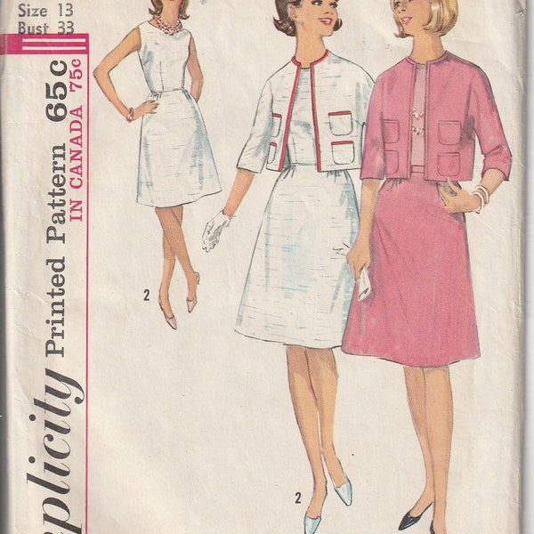 Vintage 1960's Simplicity 5329 One Piece Dress And Jacket A Line Skirt, Front Gathers, Lined Collarless Jacket Kimono Sleeves Junior Size 13