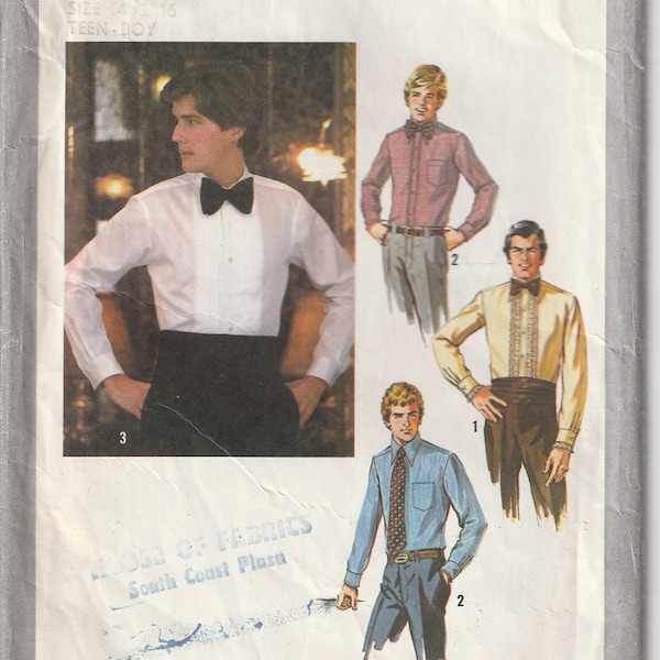 Simplicity 9014 Teen Boys Shirts Cummerbund Bow Tie Pattern Vintage 1970's Size Boys 14 16