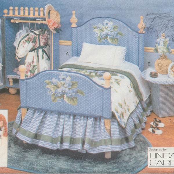 DOLL Collection Furniture Bedroom Set Bed, Quilt, Dust Ruffle, Sheet, Pillow 90's Vogue Craft 9352 Linda Carr Sewing Pattern UNCUT FF