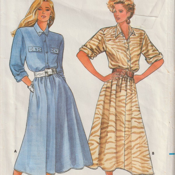 1980's Misses Dress Blouson Bodice Flared Skirt Midi Mid Calf Length Side Pockets Butterick 5587 Sewing Pattern Size 14 16 18 UNCUT FF