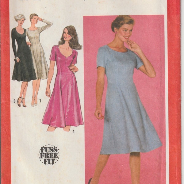 1980's Misses Fit and Flare Dress Princess Seaming Neck Variations Simplicity 9505 Sewing Pattern Half Size 16 1/2 Fuss Free Fit UNCUT FF