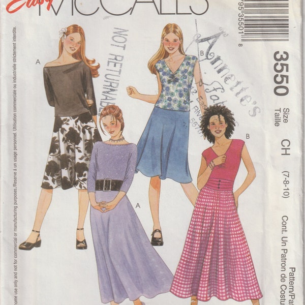 Girls Tops and Skirts in Two Lengths, Dolman Sleeves Neckline Variations Flared Maxi Skirt McCalls 3550  Sewing Pattern Size 7 8 10 UNCUT FF