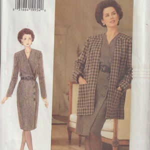 May include: Vogue Woman sewing pattern 9068. The pattern includes a wrap dress and a long, plaid jacket. The dress is buttoned and has a belt. The jacket is brown and black plaid with pockets. The pattern size is 6-8-10.