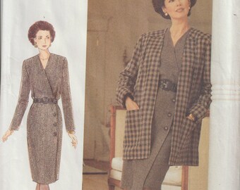 Vogue Women 9068 Loose Fitting Below Hip Boxy Jacket With Asymmetrical Button Close Tapered Dress 90s Sewing Pattern Size 6 8 10 UNCUT FF