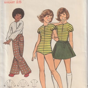 May include: A vintage sewing pattern for children's clothing. The pattern includes instructions for a bodysuit, skirt, and trousers. The pattern is for sizes 4-6 for children and 8-12 for girls. The pattern is from Butterick and is number 3258.