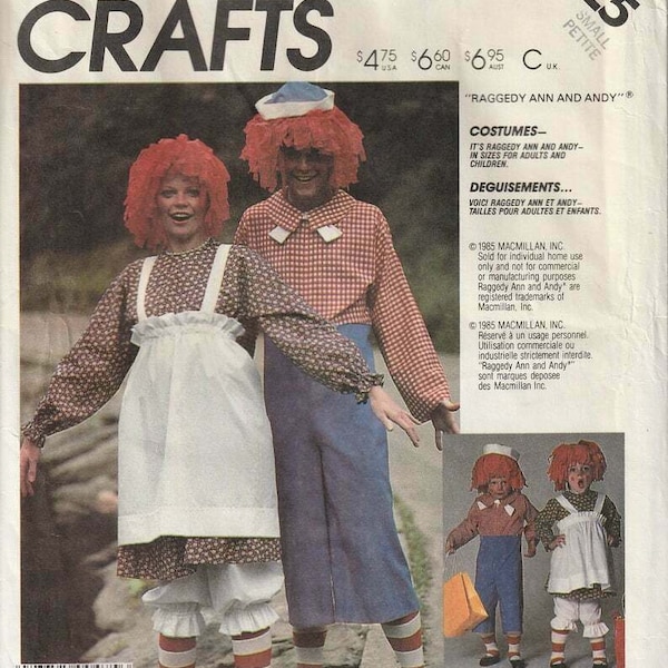 McCalls 2625 UNCUT Raggedy Ann Andy Women Men Halloween Cosplay Costume Size Small Bust/Chest 32-34"