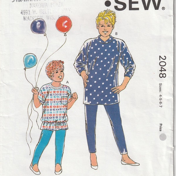 Kwik Sew 2048 UNCUT Child Girls Pants and Tops  Loose Fitting Dropped Shoulders Crew Neck Size 4 5 6 7 Vintage 80's