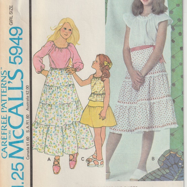 1970's McCall's 5949 Girls Set Of Tops & Skirts, Sleeve Variations, Halter Neckline, Tiered Ruffled Skirts Sewing Pattern Size 12