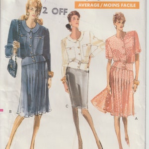 May include: Vogue Patterns sewing pattern 7277 featuring three different women's outfits. The outfits include a blue suit, a white jacket and gray skirt, and a pink dress. The pattern is rated average and includes sizes 12-14-16.