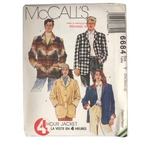 McCall's 6684 Unisex Lined Or Unlined Oversized Jackets Barn Coat Size S, M, L UNCUT FF