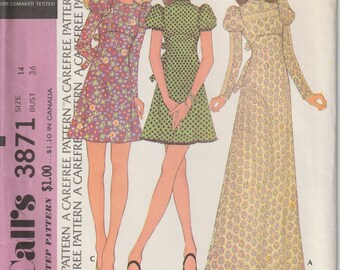 Misses 1970's Misses' Mini Maxi Dress Empire Waist Puff Sleeves Tie Back Neckline Variation McCall's 3871 Sewing Pattern Size 14 UNCUT FF